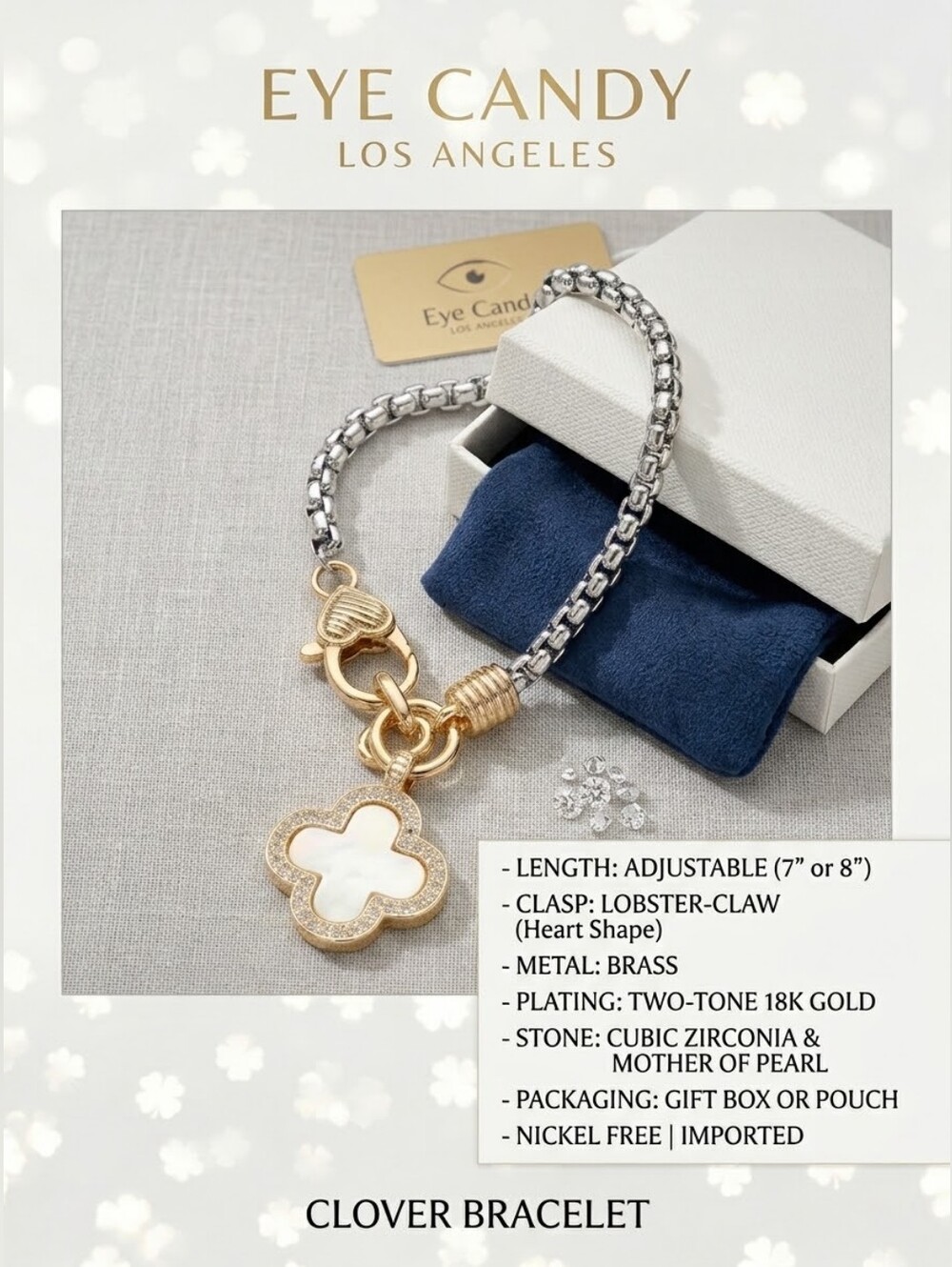 Eye Candy Los Angeles Two-Tone Gold & Silver Clover Bracelet W/Mother of Pearl